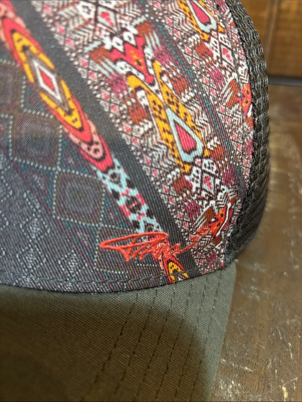 PRANA Olive and Red Patterned Mesh Baseball Cap
